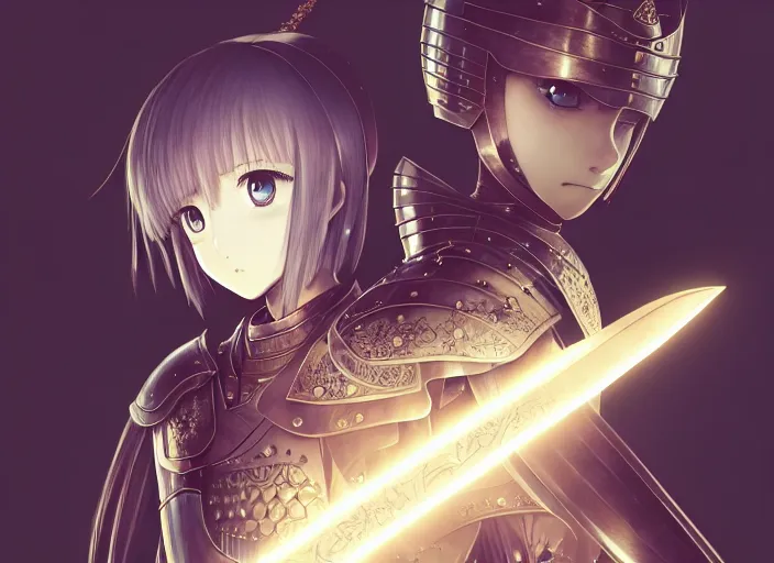 Image similar to girl in knights armor, Norihiro Yagi,omoide emanon, murata range,kawaii, kyoto animation, manga,katsura masakazu, intricate, detailed, studio lighting, gradation,editorial illustration, matte print, Ilya Kuvshinov, concept art,makoto shinkai,loish,rule of thirds,tsuruta kenji,james jean