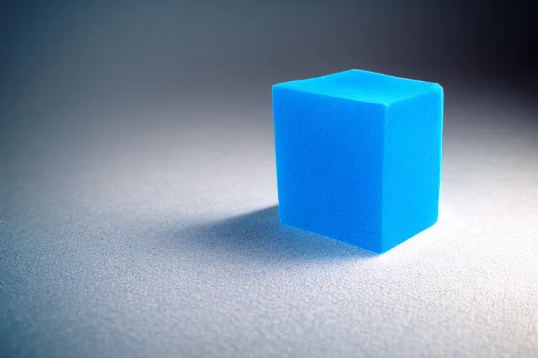 Image similar to single blue cube on white studio floor, soft light, 3 5 mm