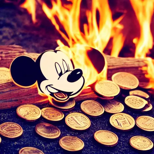 Image similar to mickey mouse laying down with arms crossed on a pyre of wood with coins over their eyes