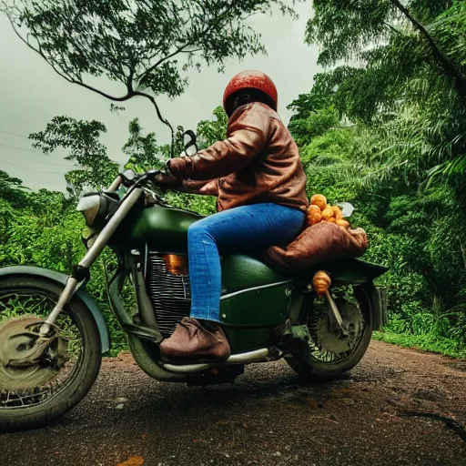 Image similar to a giant potato riding a motorcycle through the jungle, low angle with rain and lightning