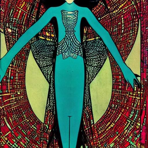 Image similar to hatsune miku, artwork by Harry Clarke