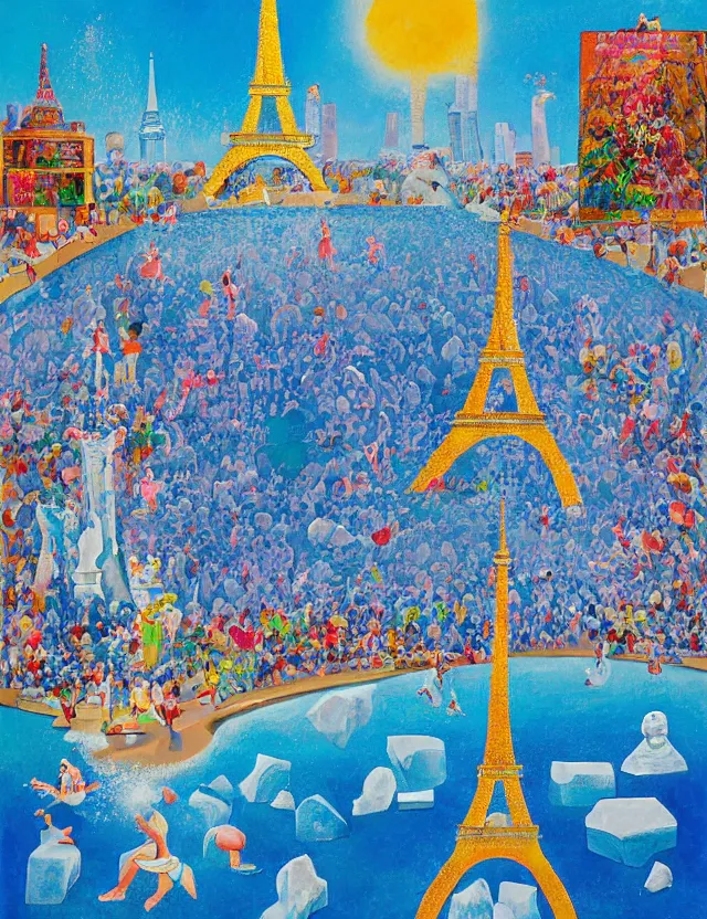 Prompt: a cubistic painting of a dancing ice sculpture eiffel tower in paris with melting ice cream of the paris skyline on a very sunny bright summer day, very hot and the ice is melting fast and people are swimming in the icecream in the style of james jean and fernando botero