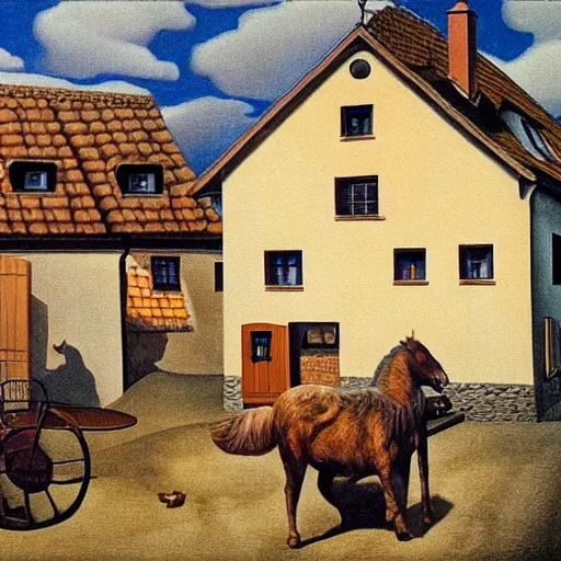 Image similar to Hyperrealism traditional austrian heuriger, painting by MC Escher