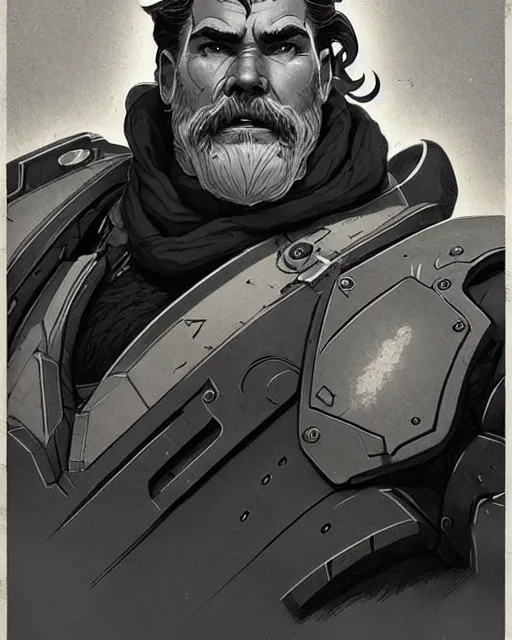 Image similar to reinhardt from overwatch, josh brolin, gray hair and beard, character portrait, portrait, close up, concept art, intricate details, highly detailed, vintage sci - fi poster, vintage sci - fi art, retro future, in the style of chris foss, rodger dean, moebius, michael whelan, and gustave dore