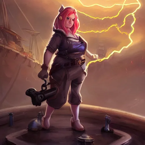 Image similar to female gnome engineer with pixie undercut hair, blasting lightning from metal gauntlet covering her arm, standing on a ship deck, full body portrait, lightning fantasy magic, naval background, D&D, piercing stare, highly detailed, digital painting, HD, ArtStation, great composition, concept art, matte, sharp focus, illustration, art by artgerm and Greg Rutkowski