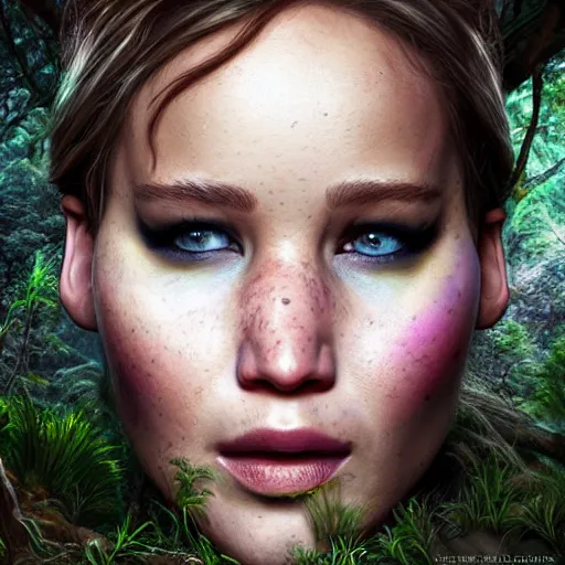 Image similar to a portrait of jennifer lawrence as a troll, ugly, in a dark forest, extremely detailed digital art, trending on artstation hyper realistic matte painting, by artgerm