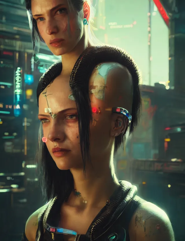 Image similar to close portrait of a young female waitress as cyberpunk 2 0 7 7 concept art, art by ryo shiotani and greg rutkowski, intricate, beautiful, cute, cinematic lighting, vintage art by serge ivanoff, high resolution, very detailed