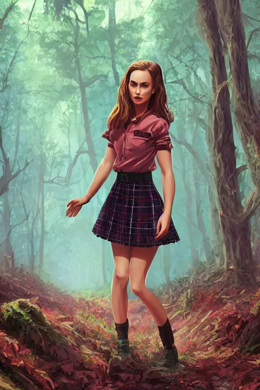 Prompt: natalie portman as a girl in a dark forest, detailed plaid miniskirt, beautiful upper body, by dan mumford, anime style, octane render, trending on artstation