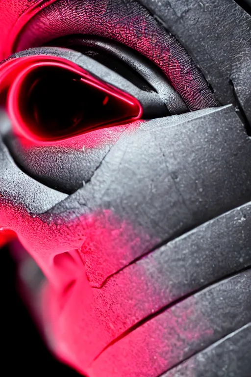 Image similar to closeup shot of a carbon black cyborg, macro shot, dof, cinematic, volumetric lighting, studio shot, red light, 4 k, highly detailed