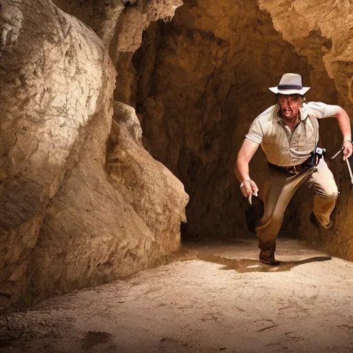 Image similar to indiana jones in a cave being chased by an builder