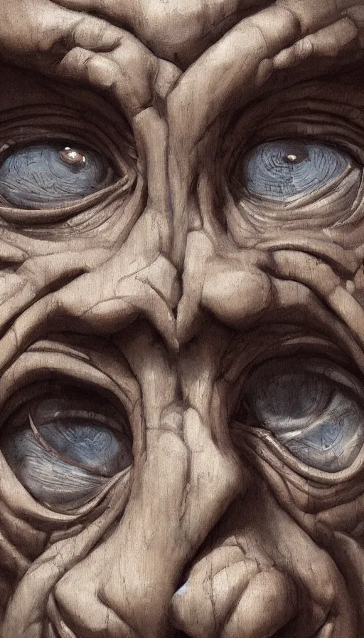 Image similar to wooden gargoyle face looking in the camera, paint texture, digital painting, highly detailed, artstation, sharp focus, sunlit, painted by ruan jia, raymond swanland, lawrence alma tadema, zdzislaw beksinski, norman rockwell, jack kirby, tom lovell, alex malveda, greg staples