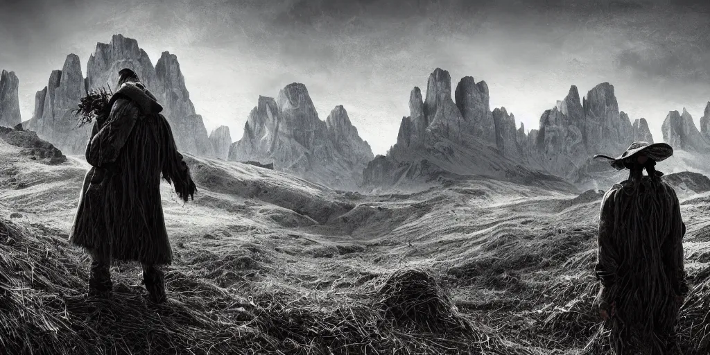 Image similar to alpine farmer transforming into a monster ,roots and hay coat, dolomites in background, dark, eerie, despair, portrait photography, artstation, digital art, concept art, artstation, highly detailed, sharp focus, by caravaggio