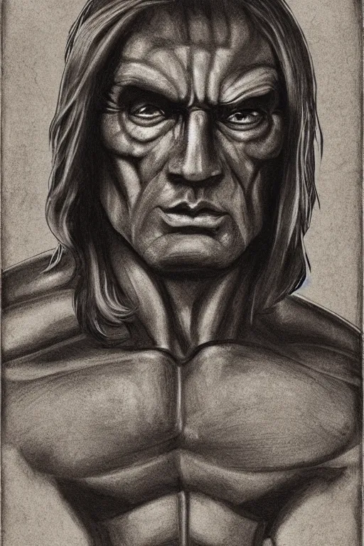 Prompt: he - man, portrait, full body, symmetrical features, silver iodide, 1 8 8 0 photograph, sepia tone, aged paper, sergio leone, master prime lenses, cinematic