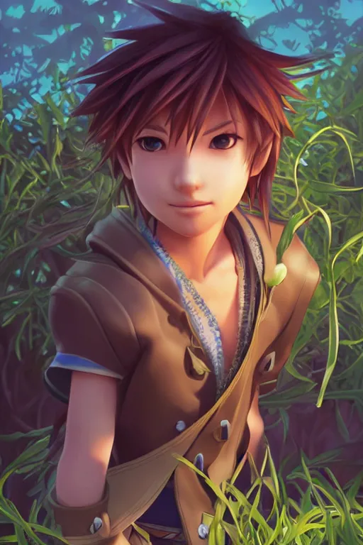 Prompt: sora from kingdom hearts, wavy hairstyle, battle stance, highly detailed, in a magical lush field of overgrown plants, digital painting, artstation, concept art, smooth, sharp focus, illustration, cinematic lighting, art by artgerm and greg rutkowski and alphonse mucha