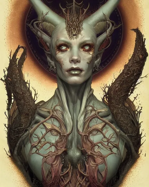 Image similar to perfectly centered portrait front view of a dead rotten daemon growing ornamentation, ornate, detailed, symmetrical, elegant, beautifully soft lit, by wayne barlowe, peter mohrbacher, kelly mckernan