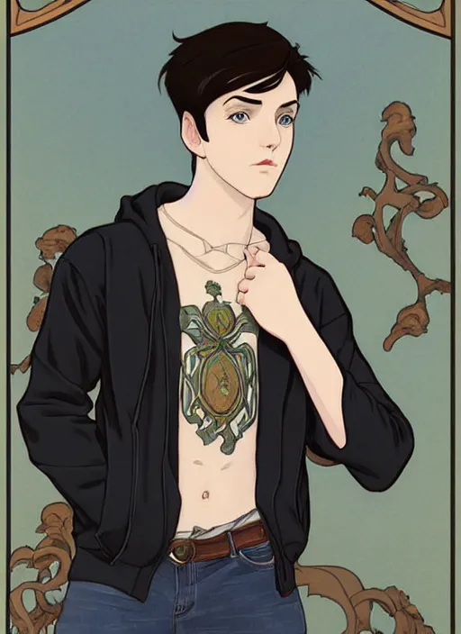 Image similar to well - lit art nouveau portrait of a young man with short black hair, light blue eyes, pale skin, serious expression, jeans and a black hoodie, natural lighting, path traced, highly detailed, high quality, cartoon, digital painting, by don bluth and ross tran and studio ghibli and alphonse mucha