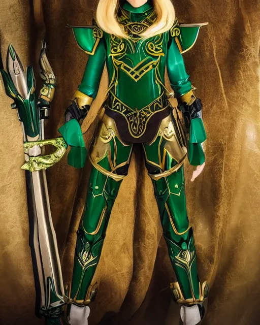 Image similar to a beautiful elf ranger with long hair and green eyes, no helmet, wearing green and gold futuristic mecha armor, with ornate rune carvings and glowing lining, very detailed, shot in canon 50mm f/1.2,