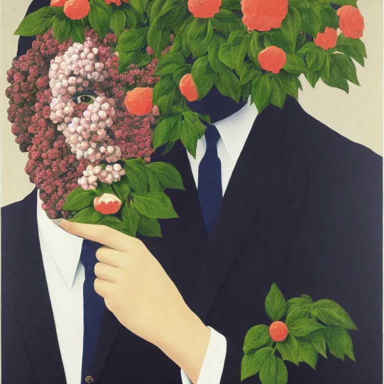 Image similar to portrait of man in a suit with flowers hiding his face by rene magritte, detailed painting, hd, hq, high resolution, high detail, 4 k, 8 k