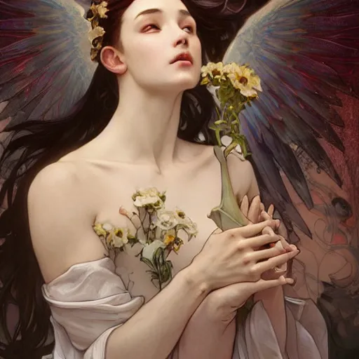 Image similar to a beautiful painting of a beautiful angel by ross tran!! and alphonse mucha and greg rutkowski! and gustav dore! and artgerm!!, in style of digital art illustration. symmetry. highly detailed face. fantasy, smooth, hyper detailed, sharp focus, soft light. trending on artstation. 4 k