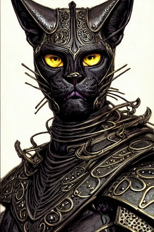 Prompt: head and shoulders portrait of an eldritch knight, tabaxi, black cat, anthropomorphic, male, breastplate, magical, high fantasy, d & d, by donato giancola, face details, extremely detailed, vogue fashion photo