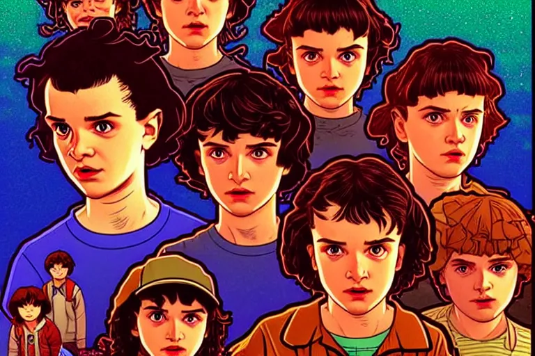 Image similar to closeup shot from the animated version Stranger Things, cartoon, detailed faces, high resolution, hyper detailed, intricate, illustrated, dramatic lighting, illustration, artstation, concept art, smooth, sharp focus, art by Alphonse Mucha and Matt Groening !n-9