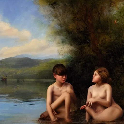 Prompt: in the style of William Whitaker and Goyo Dominguez, a boy and a girl stay in the lake,very high details, facial details, Realism painting, 4K ,