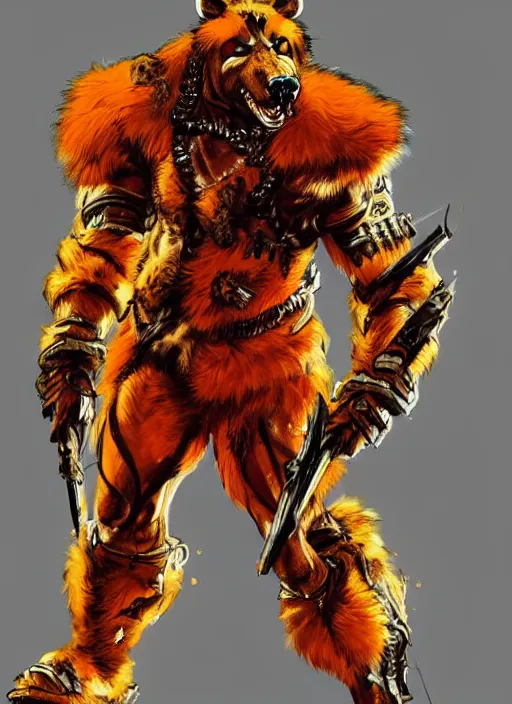 Image similar to Full body portrait of tall gnoll in golden armour and orange fur. In style of Yoji Shinkawa and Hyung-tae Kim, trending on ArtStation, dark fantasy, great composition, concept art, highly detailed, dynamic pose.