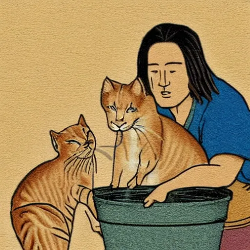 Image similar to asian jesus playing with cats with a water bucket and a whip