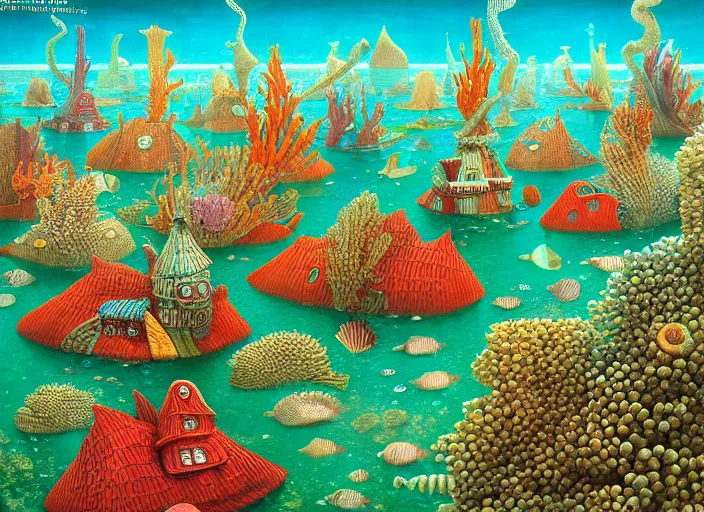 Image similar to underwater city with fish citizens inside!! the seashell, green and red seaweed, red corals, small scandinavian!!! houses, little people!!!, by jacek yerka by levitan, surrealistic painting, masterpiece, oil painting, sharp focus, highly detailed, intricate, smooth, 8 k,