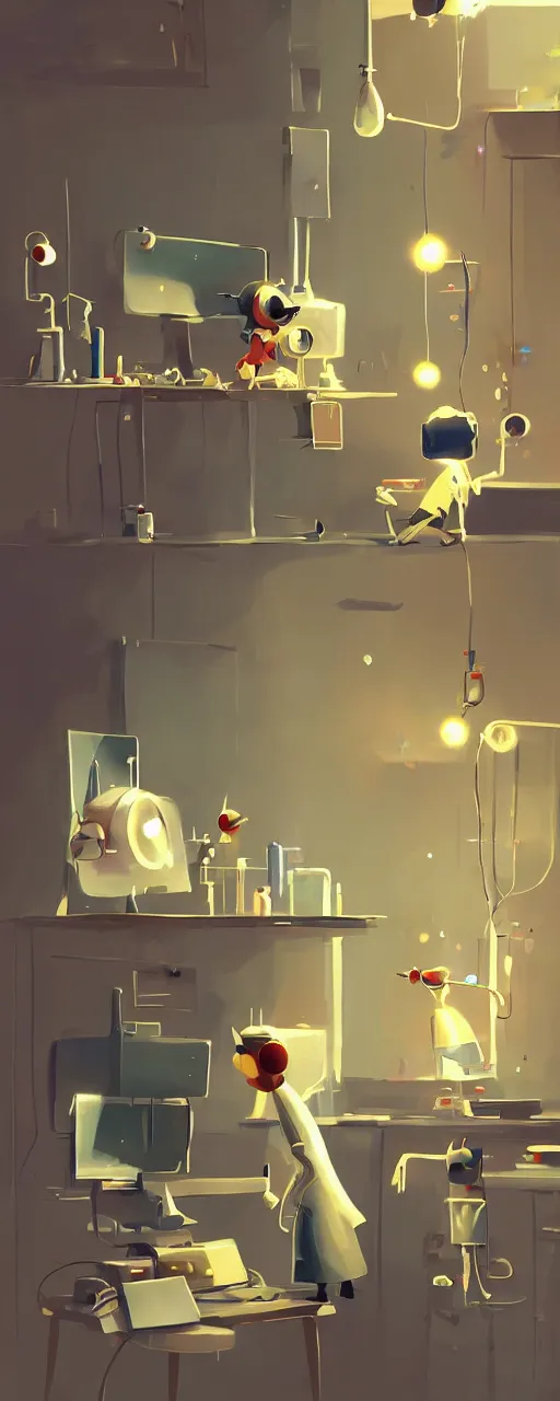 Image similar to goro fujita ilustration a science laboratory in a game dev studio office, explosion in the laboratory, small sparkles from computers, painting by goro fujita, sharp focus, highly detailed, artstation