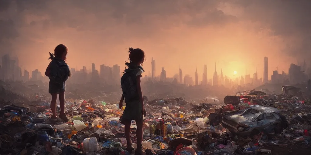 Image similar to poor detailed child with backpack standing at cars looking for food at garbage dump, destroyed cars, city is pure wasteland, moody sunset in background, greg rutkowski, alphonse mucha, trending on artstation, artgerm, unreal engine, breathtaking, award winning, highly detailed