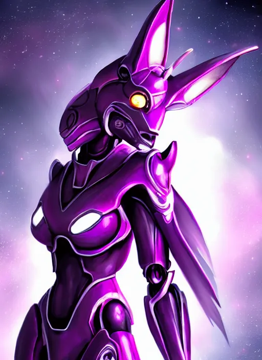 Image similar to cinematic goddess close shot, beautiful stunning hot anthropomorphic robot mecha female dragon, sleek head, metal ears, led purple eyes, smooth fuschia skin, smooth silver armor, floating in space, holding a galaxy, epic proportions, epic size, epic detail, furry art, dragon art, giantess art, warframe fanart, furaffinity, octane