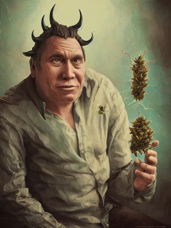 Image similar to a portrait of a cannabis devil premier francois legault illustrated by miyazaki by karol bak, james jean, tom bagshaw, rococo, sharp focus, trending on artstation, cinematic lighting, hyper realism, octane render, 8 k, hyper detailed, vivid, ultra detailed, highly detailed