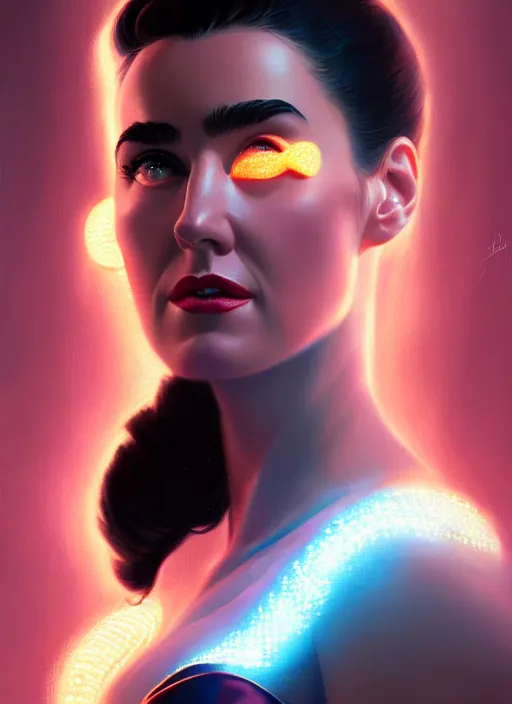 Image similar to portrait of 1 9 5 0 s darna, jennifer connelly, intricate, elegant, glowing lights, highly detailed, digital painting, artstation, glamor pose, concept art, smooth, sharp focus, illustration, art by wlop, mars ravelo and greg rutkowski