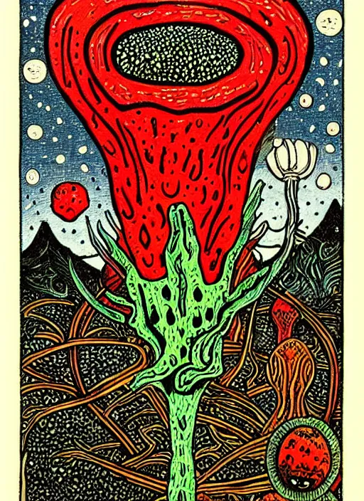 Image similar to tarot card designed by charles burns, painted with oil paint, depicting amanita muscaria, ritual, dmt space, intricate, ornate