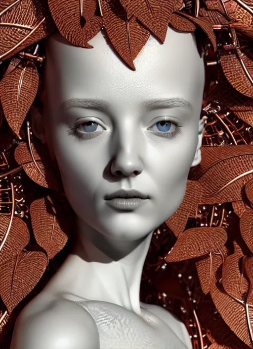 Prompt: complex 3d render ultra detailed of a beautiful porcelain profile young woman face, mechanical cyborg, 150 mm, beautiful studio spotlight, rim light, silver gold red details, fine foliage lace, magnolia big leaves and stems, roots, mesh wire, Alexander Mcqueen haute couture, luxurious, high fashion, mandelbrot fractal, filigran intricate details, hyper realistic, anatomical, facial muscles, cable wires, microchip, elegant, octane render, H.R. Giger style, 8k