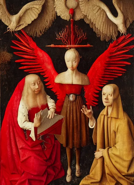 Prompt: fallen angels dressed in red with wings by Jan van Eyck, Hieronymus Bosch, Johannes Vermeer 4k post-processing, highly detailed medieval painting