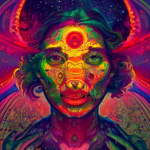 Image similar to An extremely psychedelic experience, colorful, surreal, dramatic lighting, cosmonaut, LSD, face, detailed, intricate, elegant, highly detailed, digital painting, artstation, concept art, smooth, sharp focus, illustration, art by Sam Spratt, Dan Mumford, Artem Demura and Alphonse Mucha