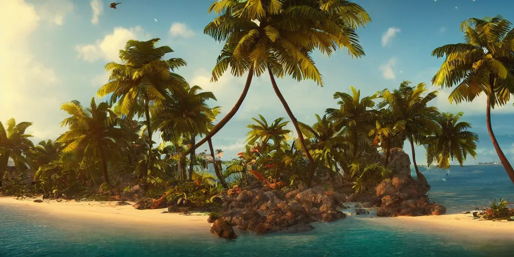 Image similar to the most beautiful tropical island, seashore, flowers, palmtrees, animals, bokeh, godrays, highly detailed, lowbrow, cinematic, artstation