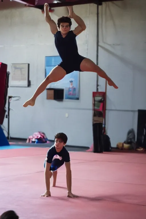 Image similar to young jake t. austin doing gymnastics, red weapon 8 k s 3 5, cooke anamorphic / i lenses, highly detailed, cinematic lighting