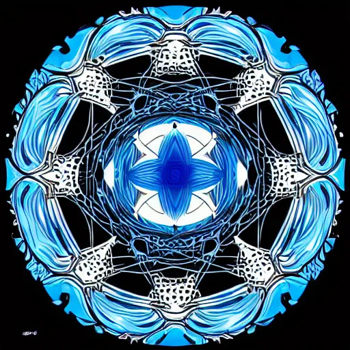 Image similar to a black background with a blue and white design, vector art by xul solar, featured on artstation, nuclear art, quantum wavetracing, fractalism, angular