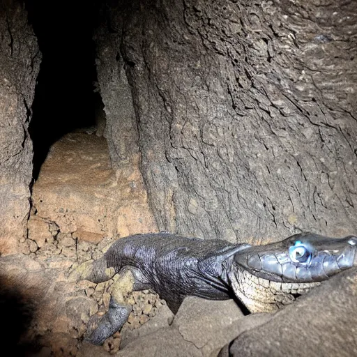 Prompt: photo inside a cavern of a scary wet reptilian humanoid partially hidden behind a rock watching a tourist