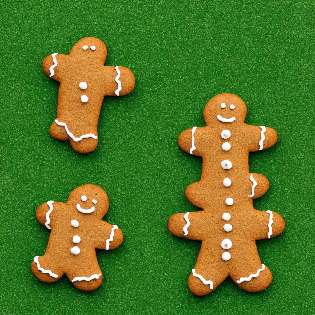 Image similar to top-down view of a cute gingerbread man on top of a green surface, 8k, high detail, photorealistic, proper shading