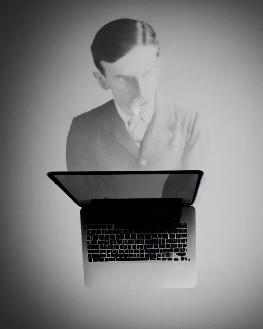 Prompt: 1 9 0 0 s photo of a person on a macbook pro old photo grain double exposure