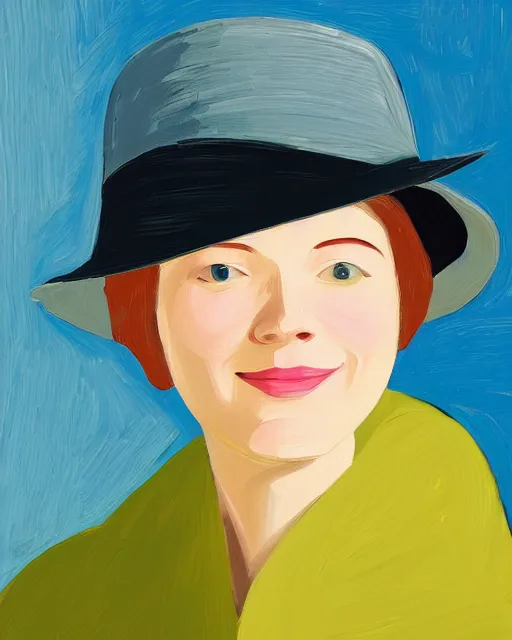 Prompt: portrait of a smiling young woman with big hat, short hair, light background, colorful, peaceful, by alex katz, close up