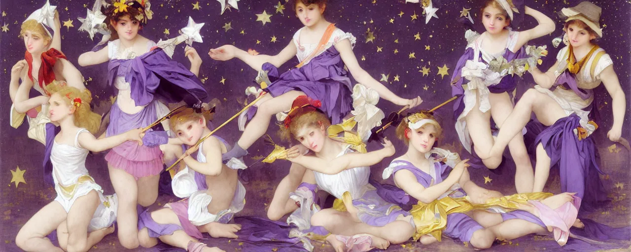 Prompt: A character sheet of full body cute magical girls with short blond hair wearing an oversized purple Beret, Purple overall shorts, Short Puffy pants made of silk, pointy jester shoes, a big billowy scarf, Golden Ribbon, and white leggings. Rainbow accessories all over. Flowing fabric. Covered in stars. Short Hair. Art by william-adolphe bouguereau and Paul Delaroche and Alexandre Cabanel and Lawrence Alma-Tadema and WLOP and Artgerm. baroque painting. Fashion Photography. Decora Fashion. harajuku street fashion. Kawaii Design. Intricate, elegant, Highly Detailed. Smooth, Sharp Focus, Illustration Photo real. realistic. Hyper Realistic. Sunlit. Moonlight. Dreamlike. Surrounded by clouds. Haute Couture. Baby the stars shine bright dress. 4K. UHD. Denoise.