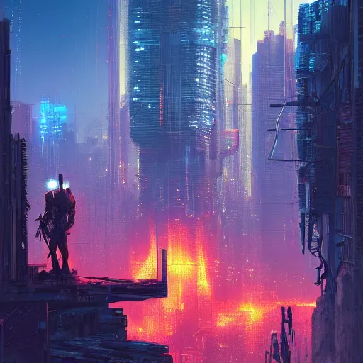 Image similar to a cyberpunk zulu warrior sitting on a cliff watching an enormous metropolitan city burn!! from a distance at night, fire, by alena aenami and android jones and greg rutkowski, Trending on artstation, hyperrealism, elegant, stylized, highly detailed digital art, 8k resolution, hd, global illumination, radiant light, detailed and intricate cyberpunk ghetto environment, rendered in octane, post processed, wide angle