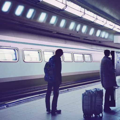 Image similar to a beautiful photo of an astronaut waiting in a train station, 1970', soft light, morning light, photorealistic, realistic, octane, 8k, cinematic shot