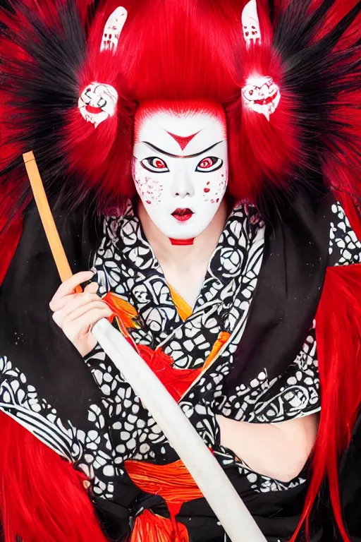 Prompt: an epic portrait of insane kabuki wielding a spear, magical aura of insanity, intricate hakama, poofy red wig, high energy, dramatic lighting, trending on artstation,