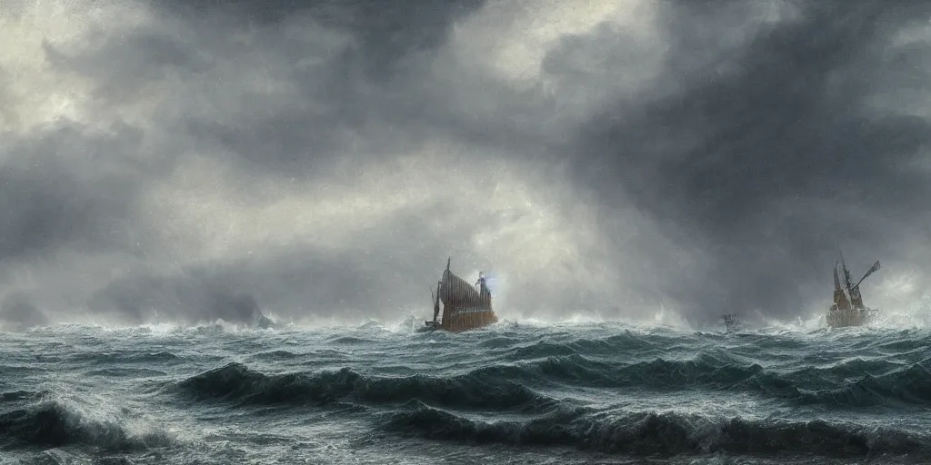 Image similar to A highly detailed matte painting of a huge pipe organ in a stormy sea in a storm, fog, rain, volumetric lighting, imax render, 8K resolution, trending on artstation, style of alan lee and john howe